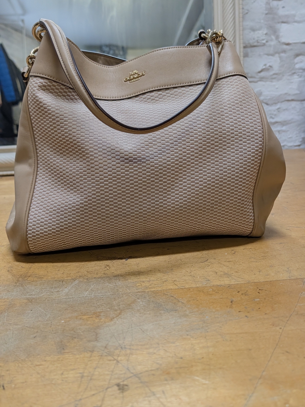 Coach Beige Pebbled & Woven Hobo Shoulder Bag